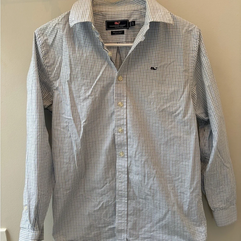 Boys large 16 Blue Check stripe dress casual longsleeeve button down shirt